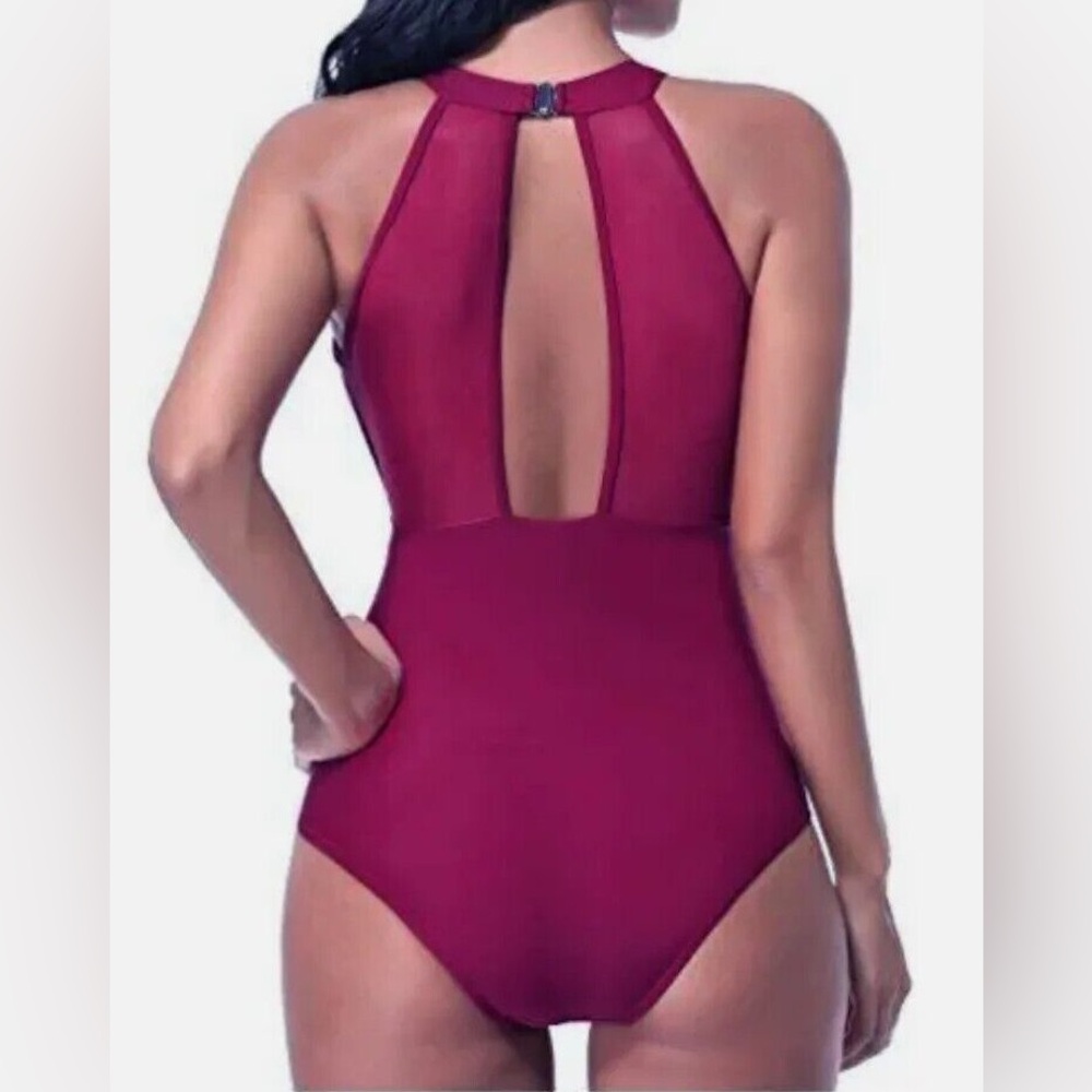 New Tempt Me Burgundy One Piece High Neck Plunge Mesh Ruched Swimsuit Size S - Picture 3 of 10